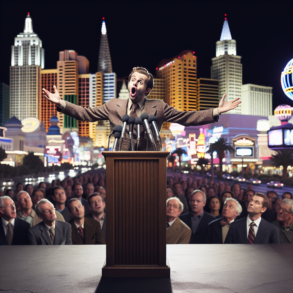 Representation of Nigel Farage publicly mocks Prince Harry during Las Vegas speech